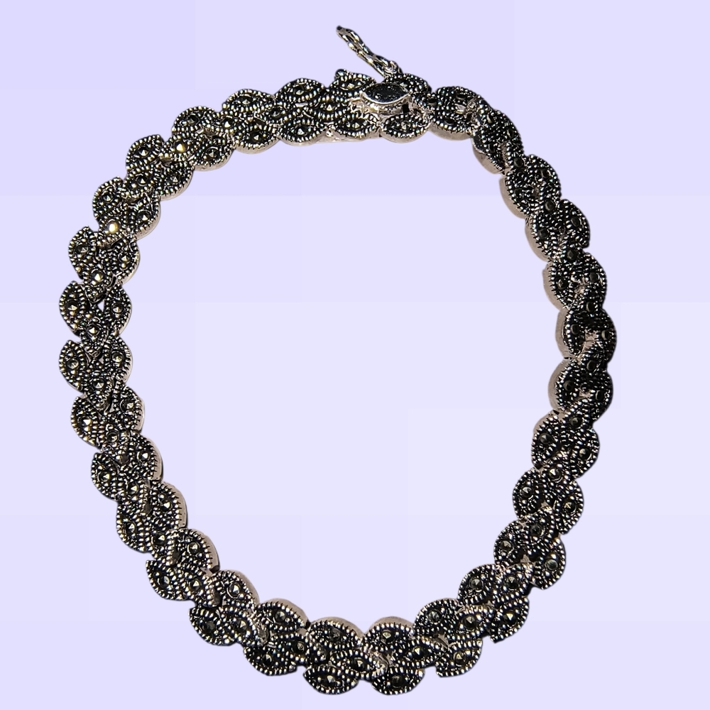 Sterling Silver Marcasite Marquise Link Art Deco Style Bracelet